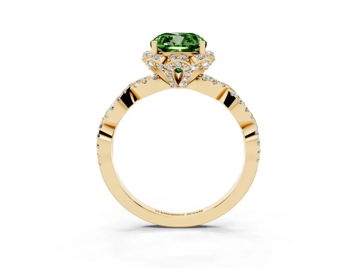 Fancy Green Cushion Cut Halo Twist Band Solitaire Ring with Six-Prong Setting Yellow gold