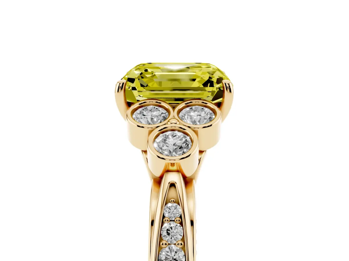 Fancy Yellow Asscher Cut Cut Diamond Engagement Ring with Bezel Set Round Side Stones and Prong Setting Yellow gold
