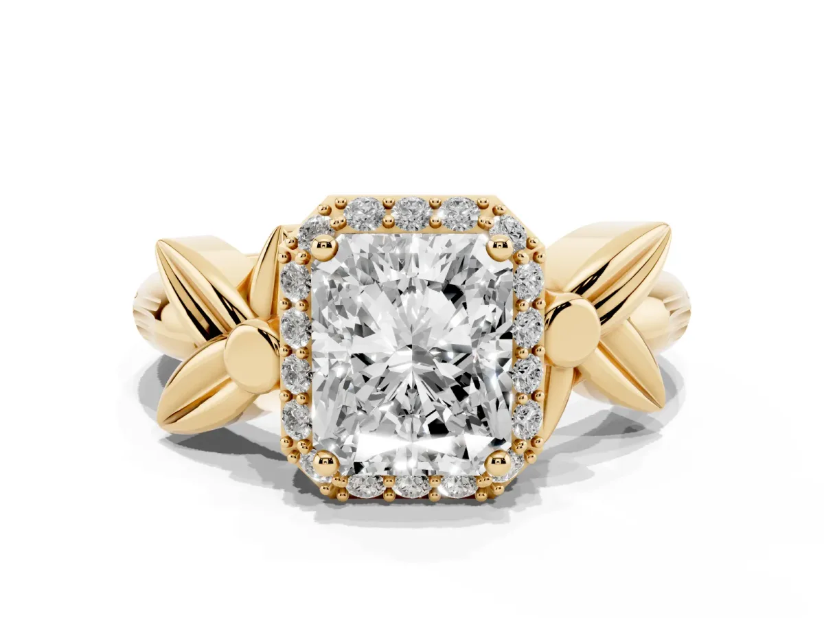 Radiant Cut Halo Diamond Floral Band with Four-Prong Setting Yellow gold