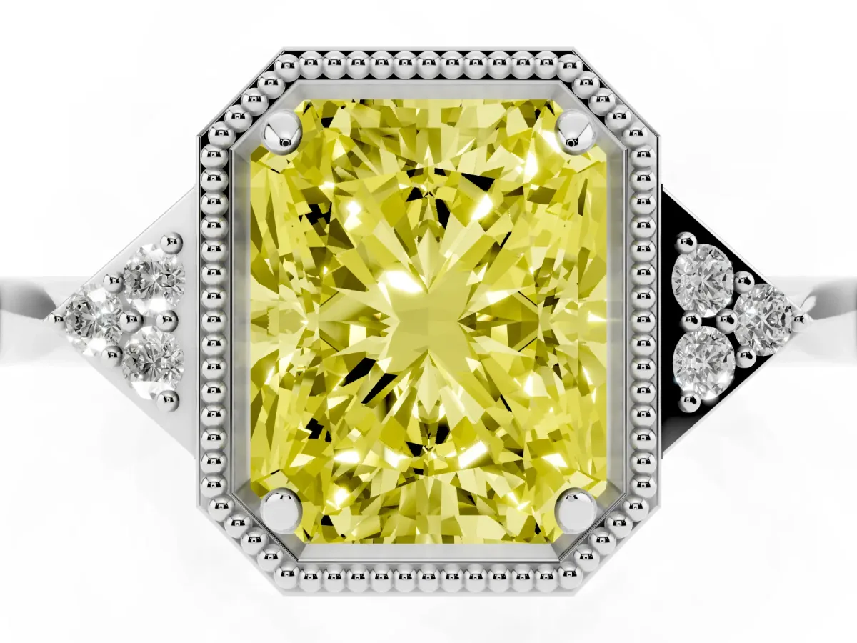 Fancy Yellow Radiant Cut Diamond Halo Ring with Tapered Band and Four-Prong Setting White gold