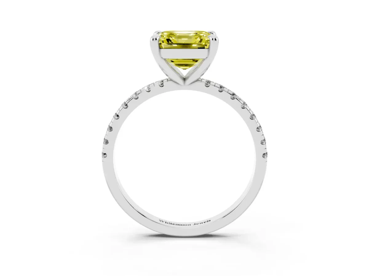 Fancy Yellow Asscher Cut Diamond Brilliant Solitaire Ring with Pavé Band and Four-Prong Setting Platinum