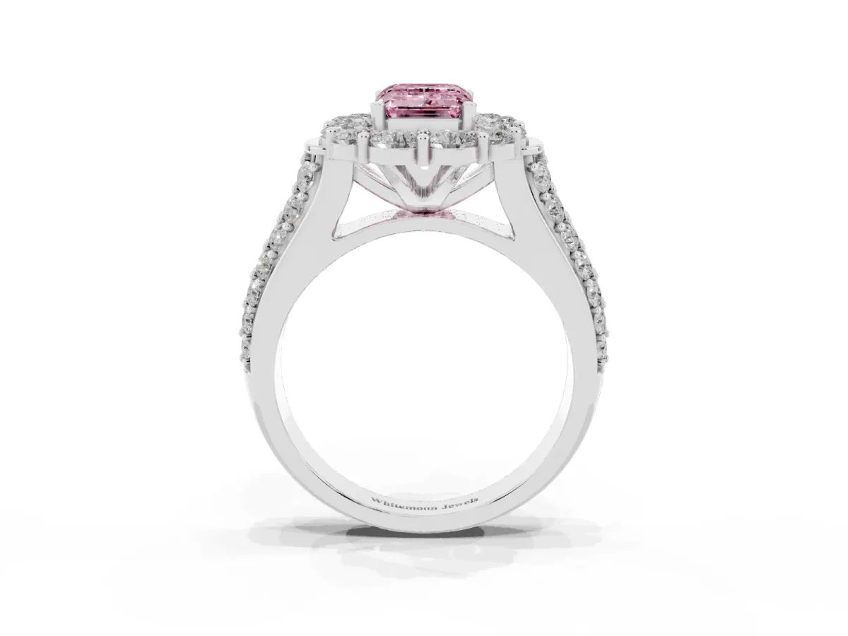 Fancy Pink Emerald Cut Halo Diamond Engagement Ring with Split Shank and Prong Setting Platinum