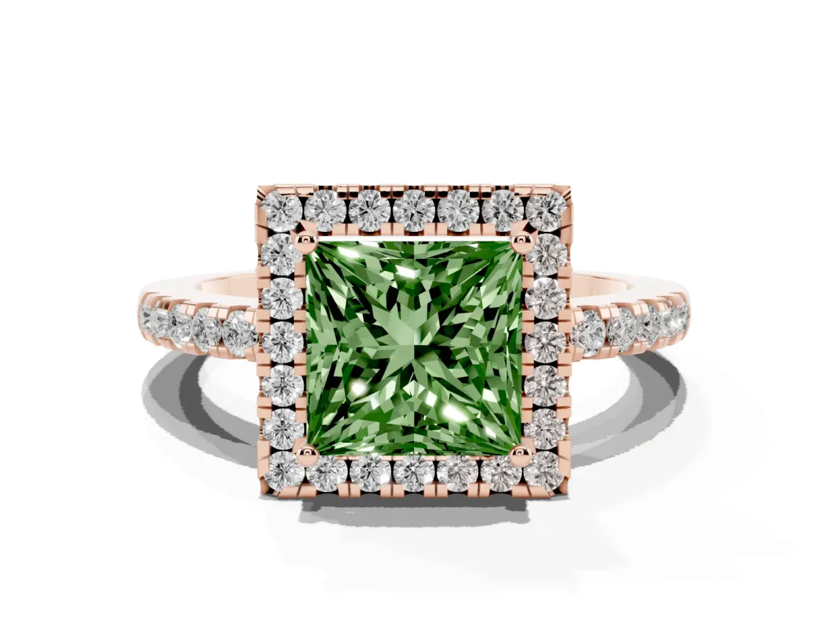 Fancy Green Princess Cut Halo Diamond Engagement Ring with Pavé Band and Four-Prong Setting Rose gold