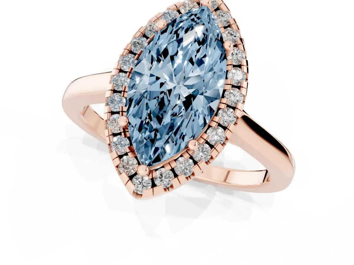 Fancy Blue Marquise Cut Halo Round Diamond Solitaire Ring with Pavé Band and Four-Prong Setting Rose gold