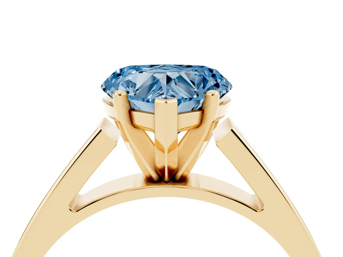 Fancy Blue Heart Cut Solitaire Engagement Ring with Four-Prong Setting and Tapered Band Yellow gold