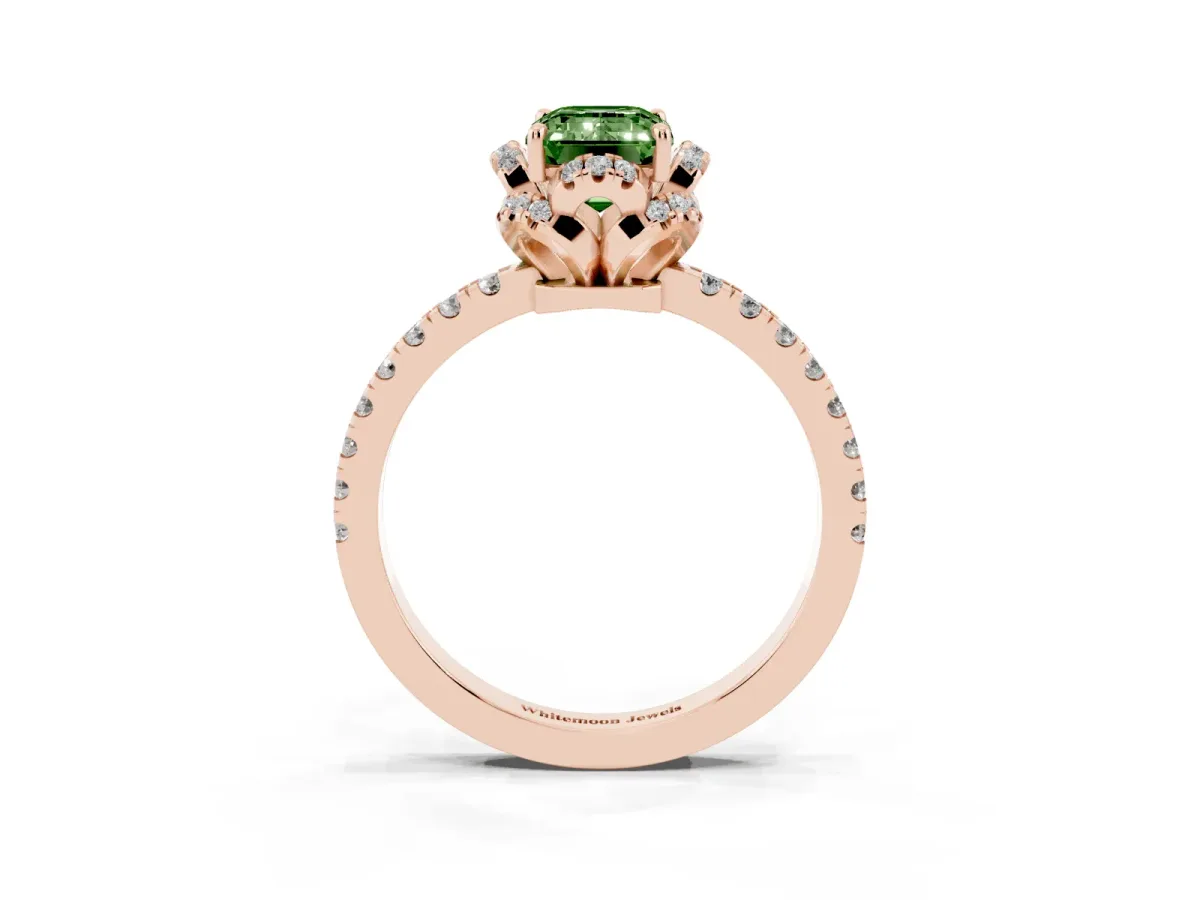 Fancy Green Emerald Cut Halo Diamond Pave Band Ring with Four-Prong Setting Rose gold