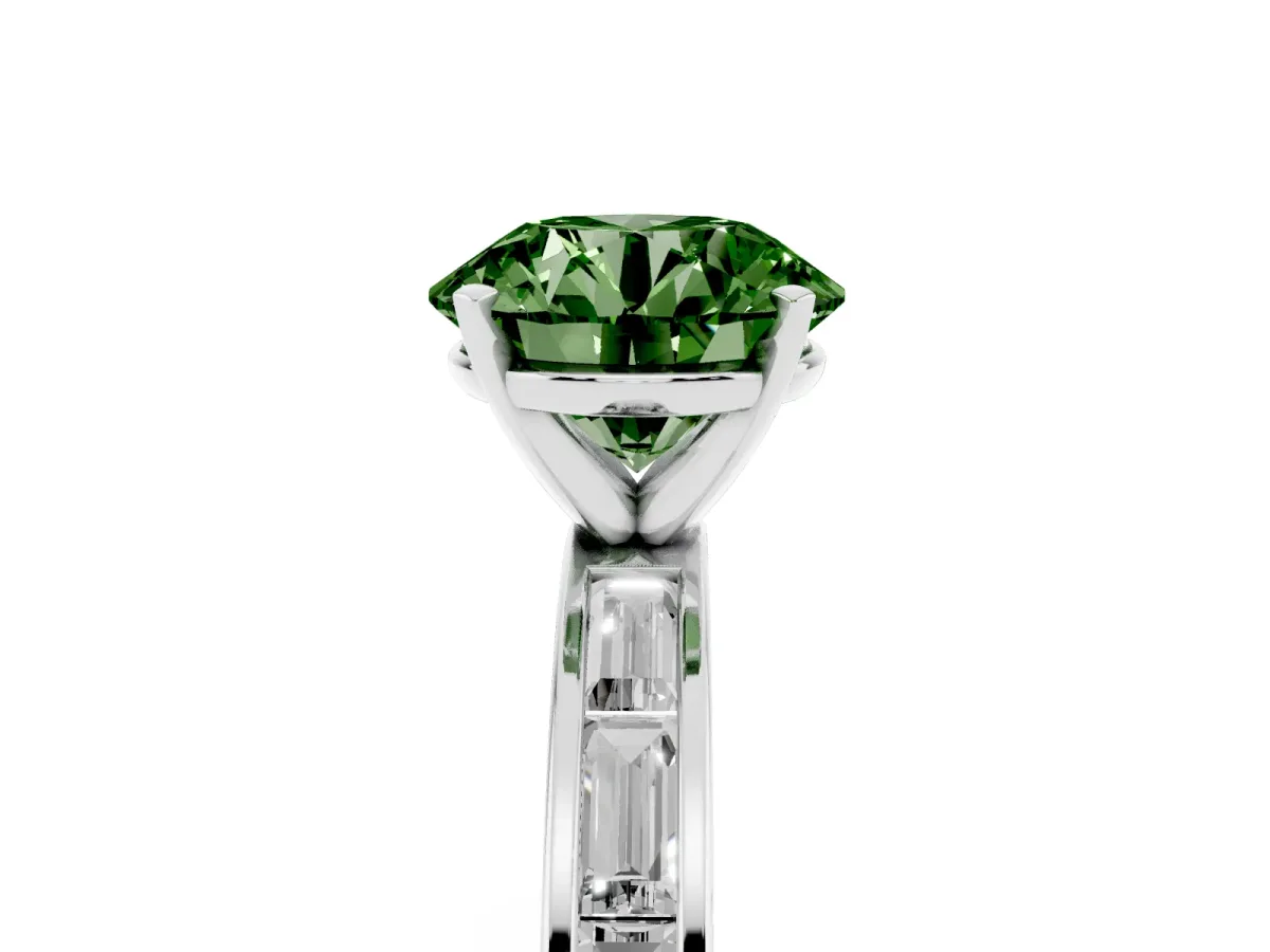 Fancy Green Round Cut Solitaire Diamond Ring with Channel-Set Baguette Band and Four-Prong Setting White gold