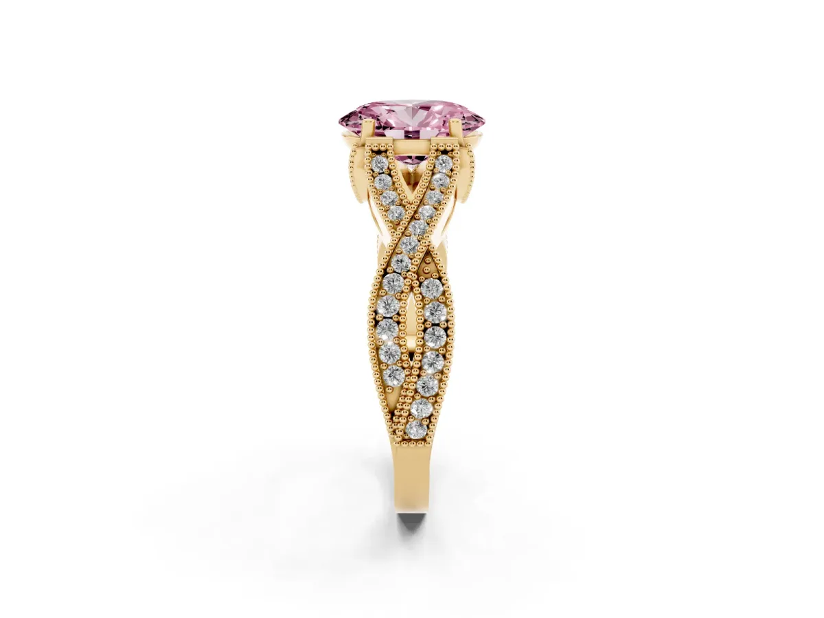 Fancy Pink Oval Cut Cut Diamond Twisted Band with Milgrain Pave Setting and Four-Prong Setting Yellow gold