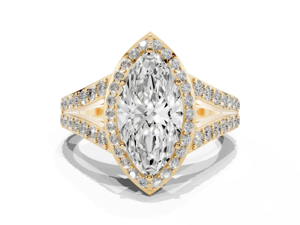 Marquise Cut Diamond Split Shank Halo Ring with Four-Prong Setting Yellow gold