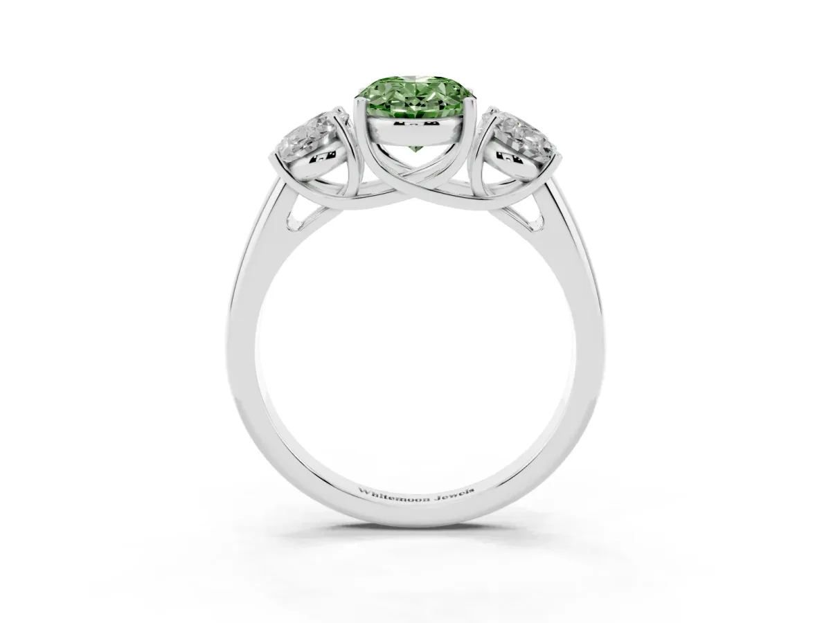 Fancy Green Three-Stone Oval Cut Diamond Engagement Ring with Prong Setting Platinum