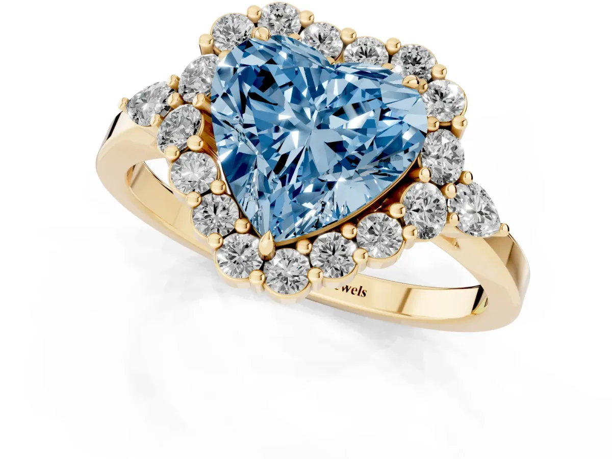 Fancy Blue Heart Cut Diamond Halo Ring with Pear Side Stones and Prong Setting Yellow gold