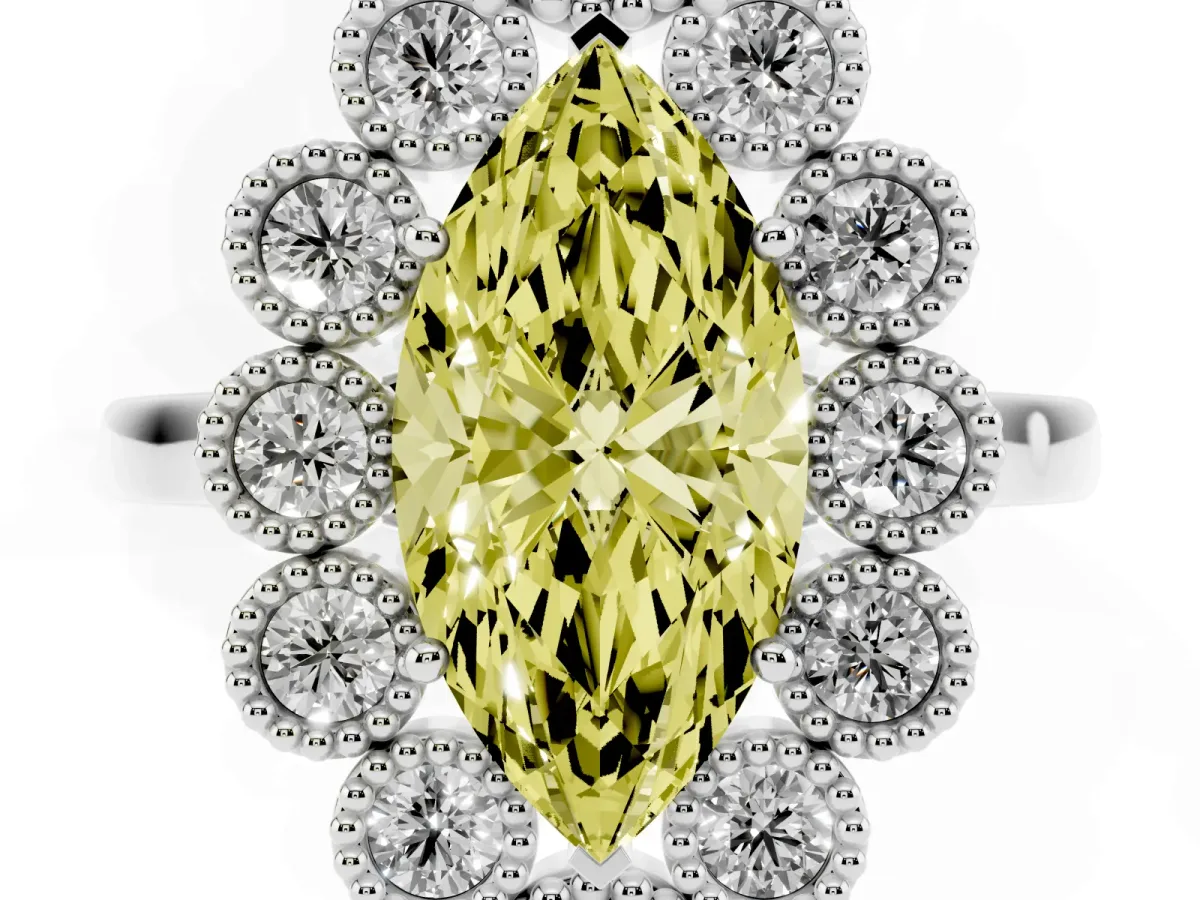 Fancy Yellow Marquise Cut Halo Diamond Cluster Engagement Ring with Milgrain Bezel Setting and Solitaire Band Silver