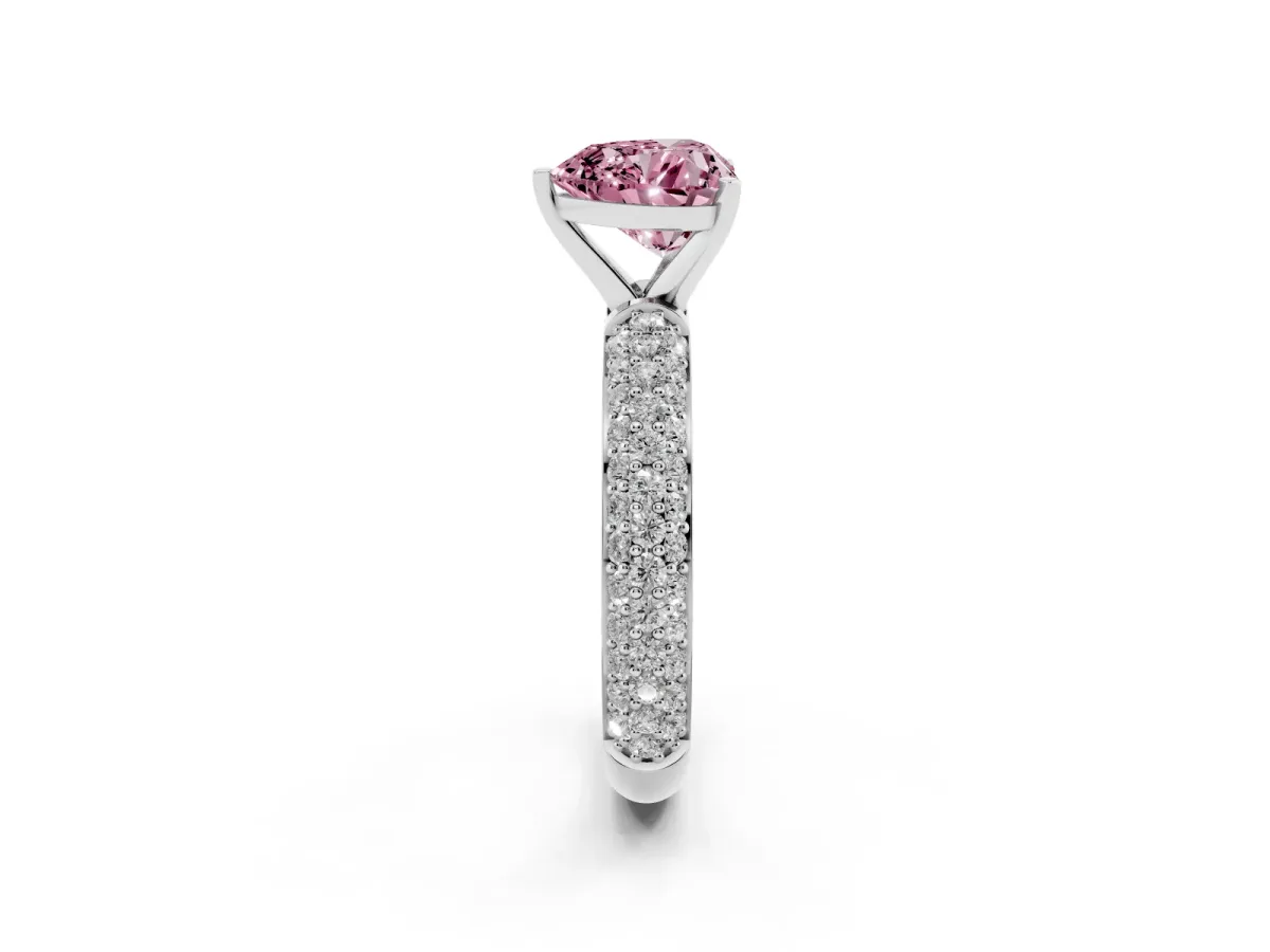 Fancy Pink Heart Cut Diamond Solitaire Ring with Prong Setting and Pavé Band Silver