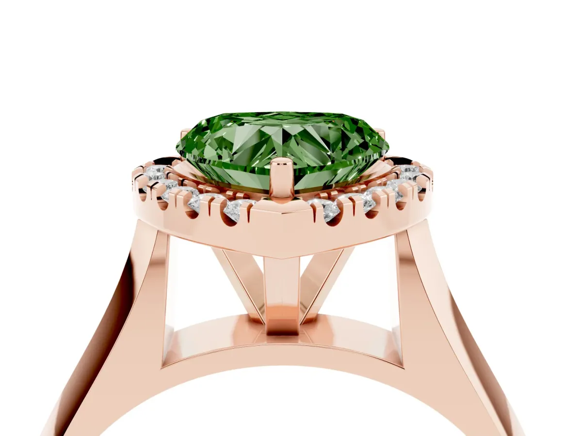 Fancy Green Heart Cut Cut Halo Solitaire Engagement Ring with Square Band and Four-Prong Setting Rose gold
