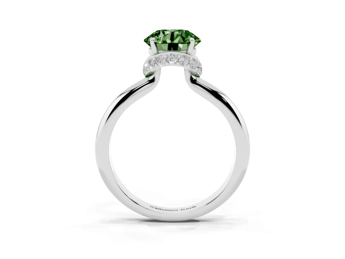 Fancy Green Round Cut Brilliant Solitaire Engagement Ring with Six-Prong Setting and Classic Band Silver