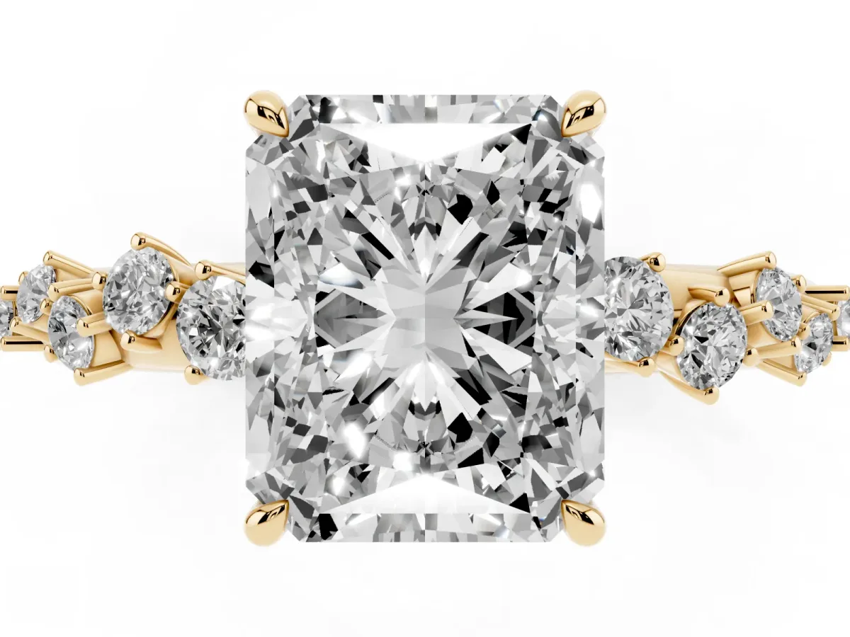 Radiant Cut Diamond Cluster Side Stone Solitaire Ring with Prong Setting Yellow gold
