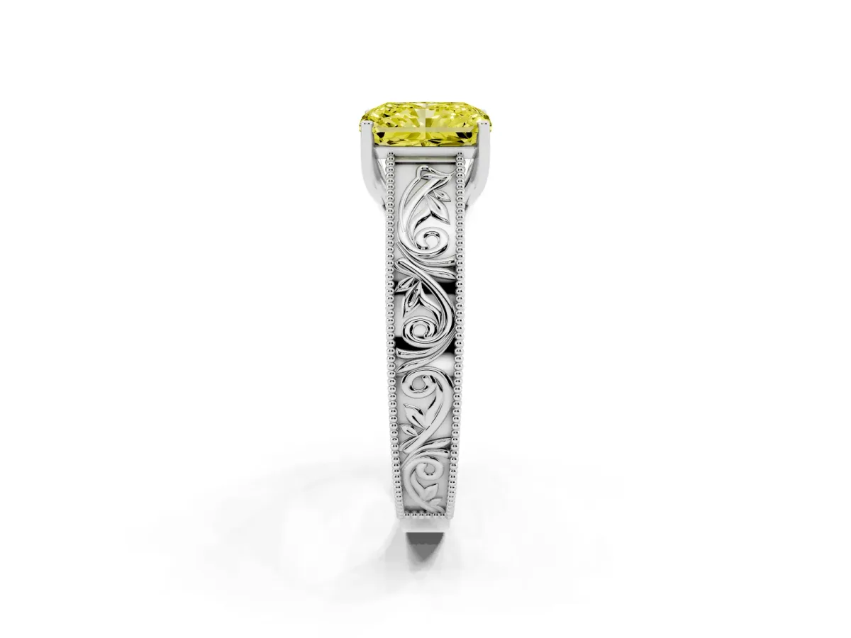 Fancy Yellow Radiant Cut Diamond Solitaire Ring with Engraved Band and Four-Prong Setting White gold