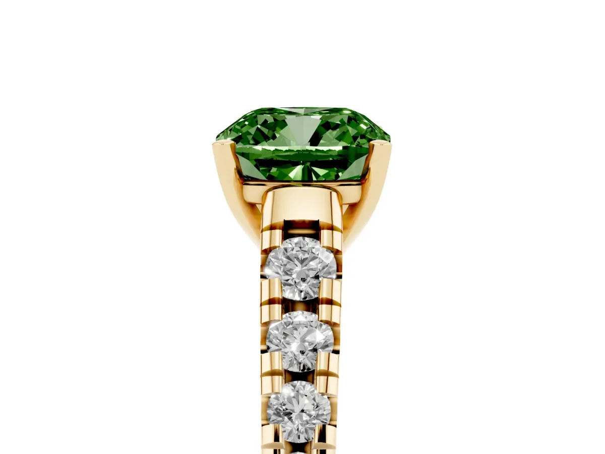 Fancy Green Cushion Cut Diamond Cathedral Solitaire Ring with Round Pavé Band Yellow gold
