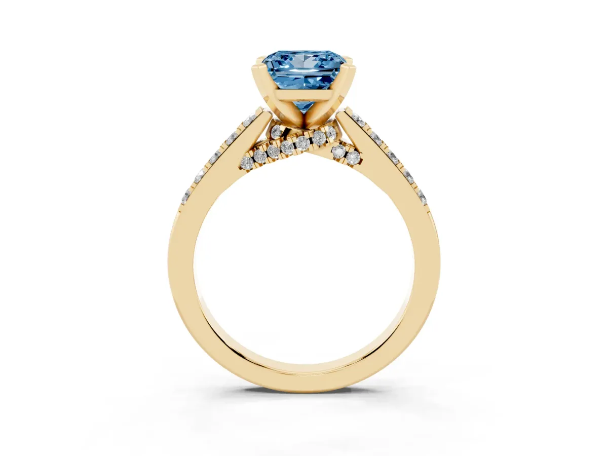 Fancy Blue Princess Cut Diamond Solitaire Ring with Crossover Gallery and Round Pavé Band Yellow gold