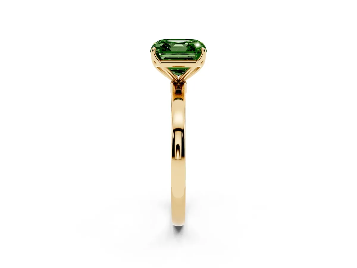 Fancy Green Asscher Cut Diamond Solitaire Ring with Thin Band and Prong Setting Yellow gold