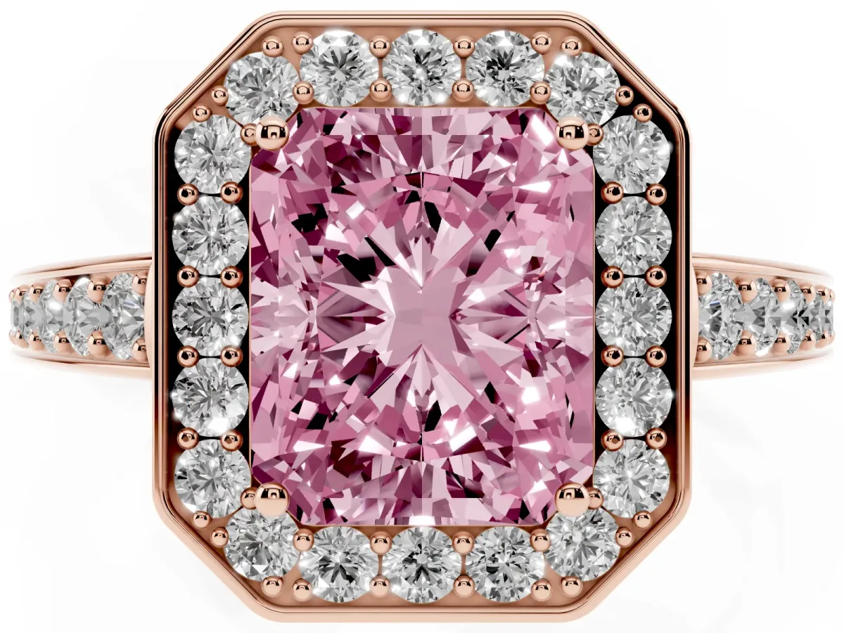 Fancy Pink Radiant Cut Halo Pavé Diamond Engagement Ring with Bezel Setting Rose gold