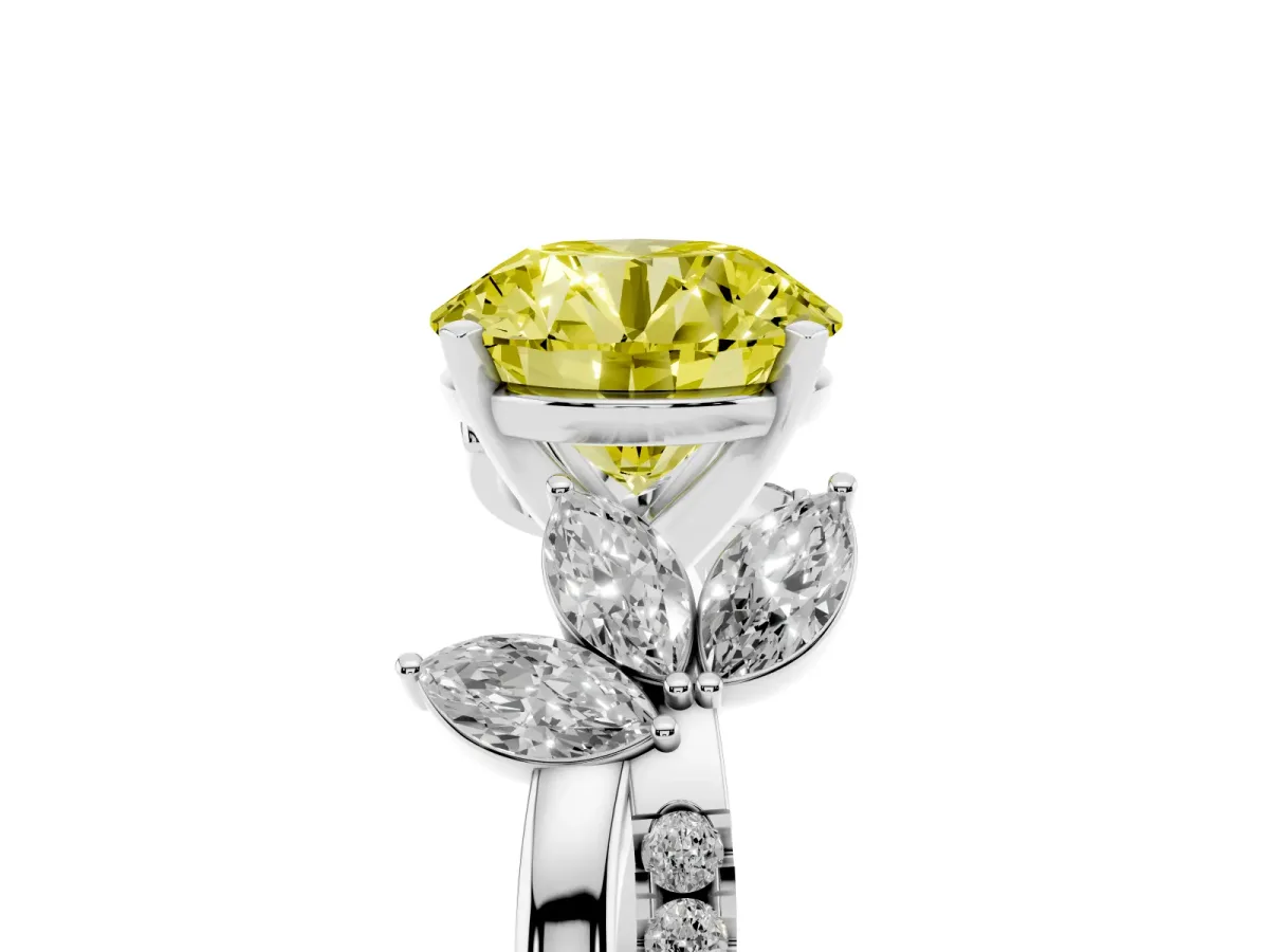 Fancy Yellow Round Cut Diamond Floral Vine Solitaire Engagement Ring Silver