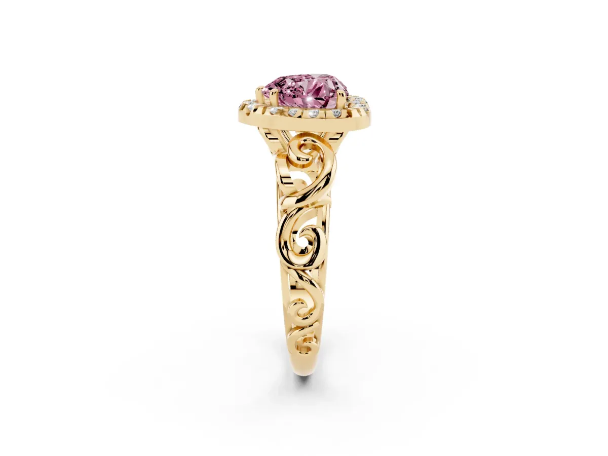Fancy Pink Heart Cut Cut Halo Diamond Ring with Scrollwork Band and Four-Prong Setting Yellow gold