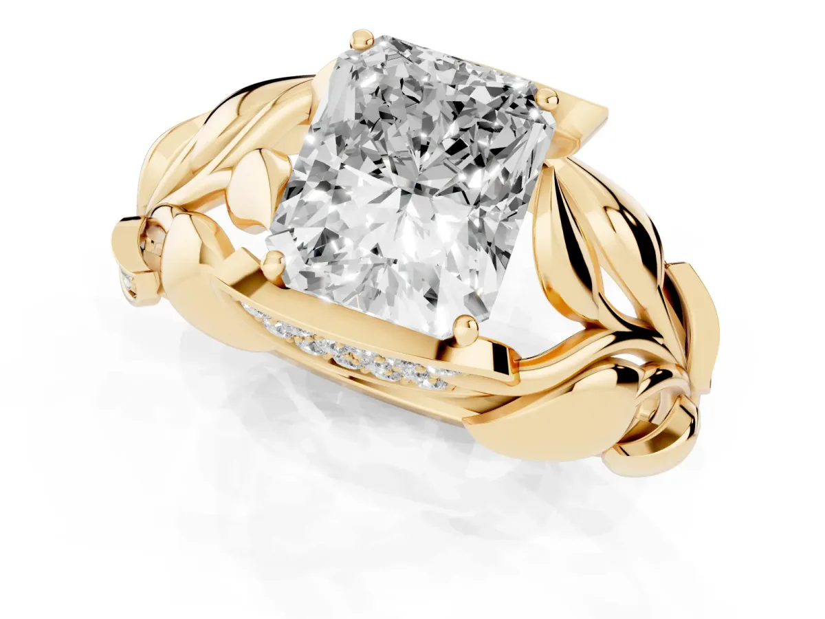 Radiant Cut Diamond Leaf-Inspired Engagement Ring with Round Accents and Prong Setting Yellow gold