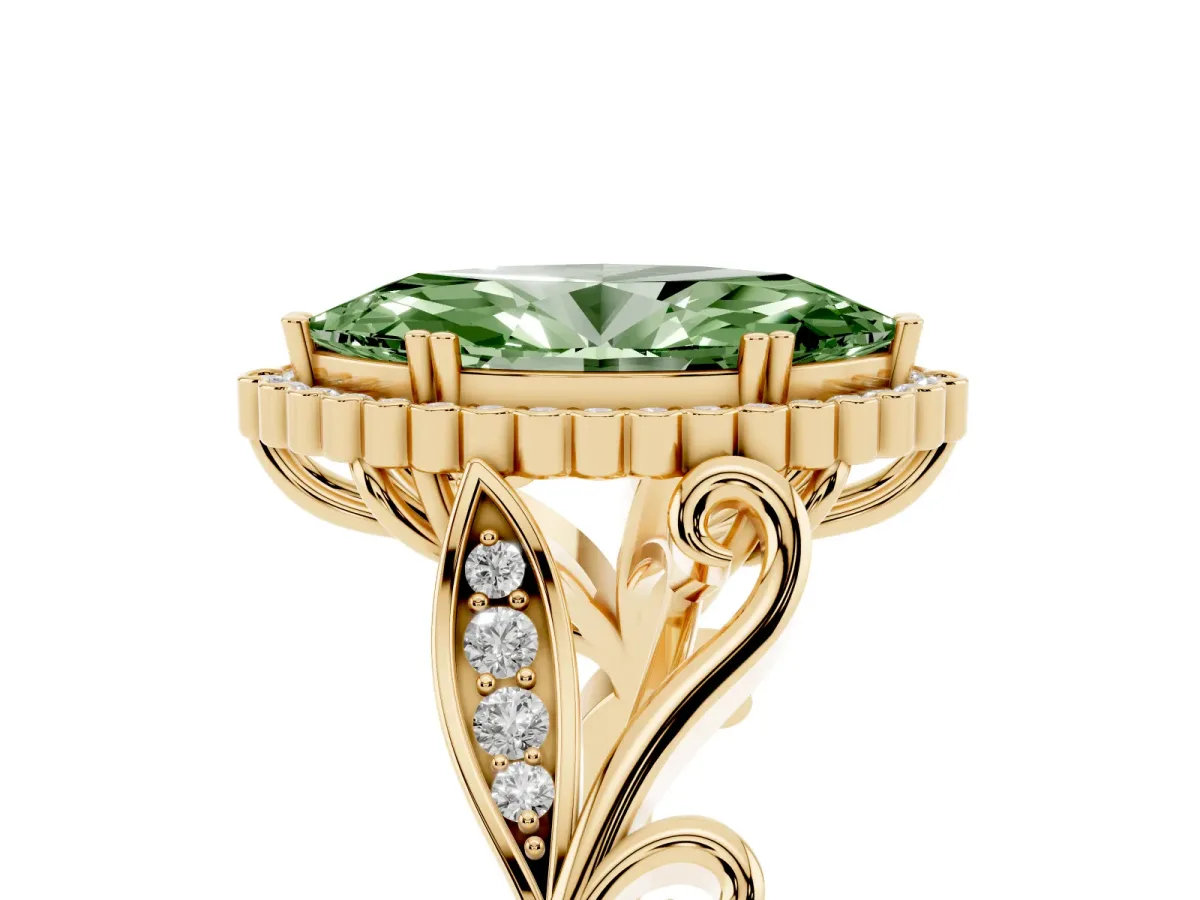 Fancy Green Marquise Cut Diamond Halo Ring with Vintage Split Shank and Four-Prong Setting Yellow gold