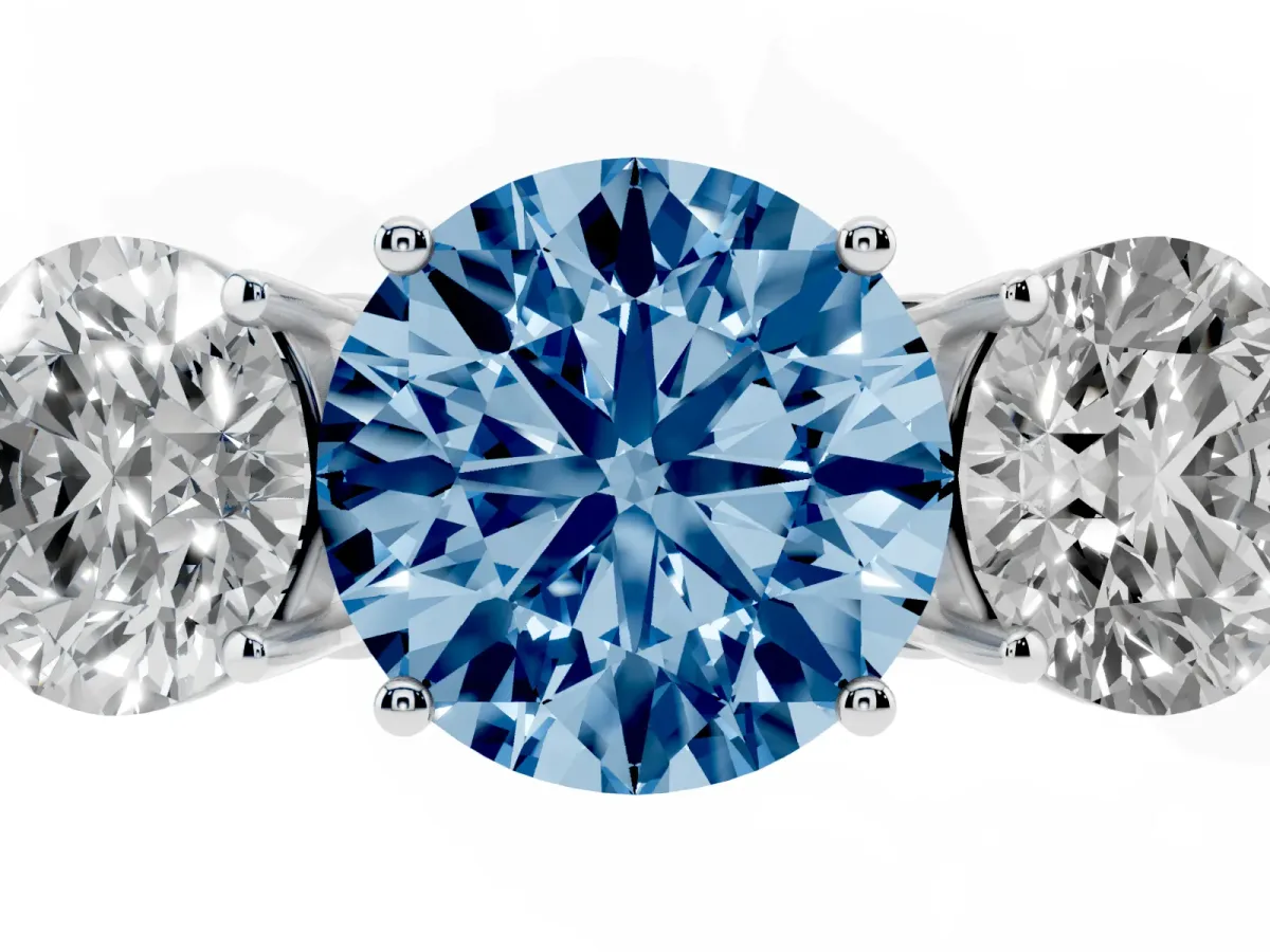 Fancy Blue Round Cut Diamond Three-Stone Ring with Prong Setting and Textured Band Platinum
