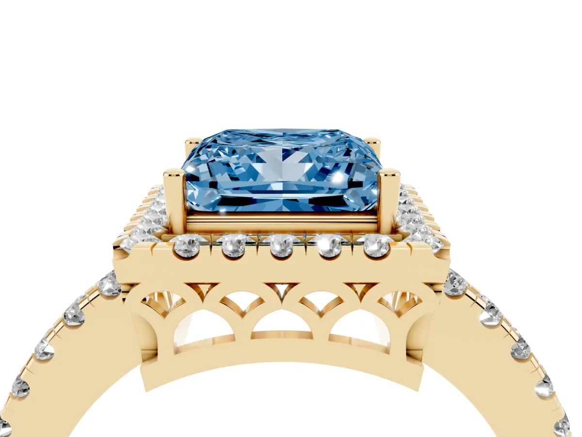 Fancy Blue Princess Cut Halo Diamond Engagement Ring with Pavé Band and Four-Prong Setting Yellow gold