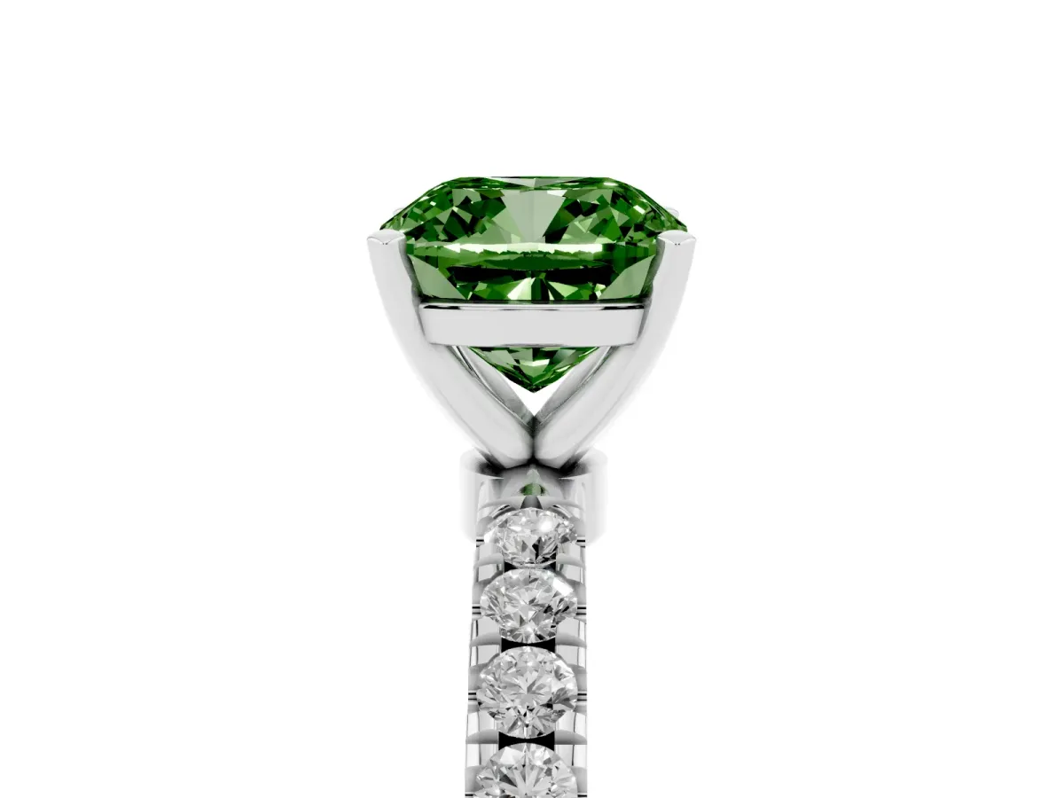 Fancy Green Cushion Cut Diamond Solitaire Ring with Pavé Accents and Four-Prong Setting White gold