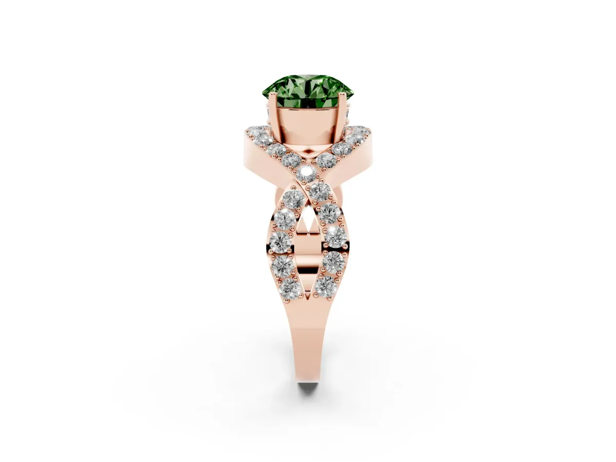 Fancy Green Round Cut Solitaire Twist Band Pavé Diamond Engagement Ring Rose gold