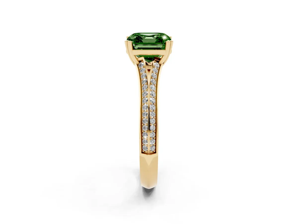 Fancy Green Asscher Cut Diamond Split Shank Engagement Ring with Pavé Band Yellow gold