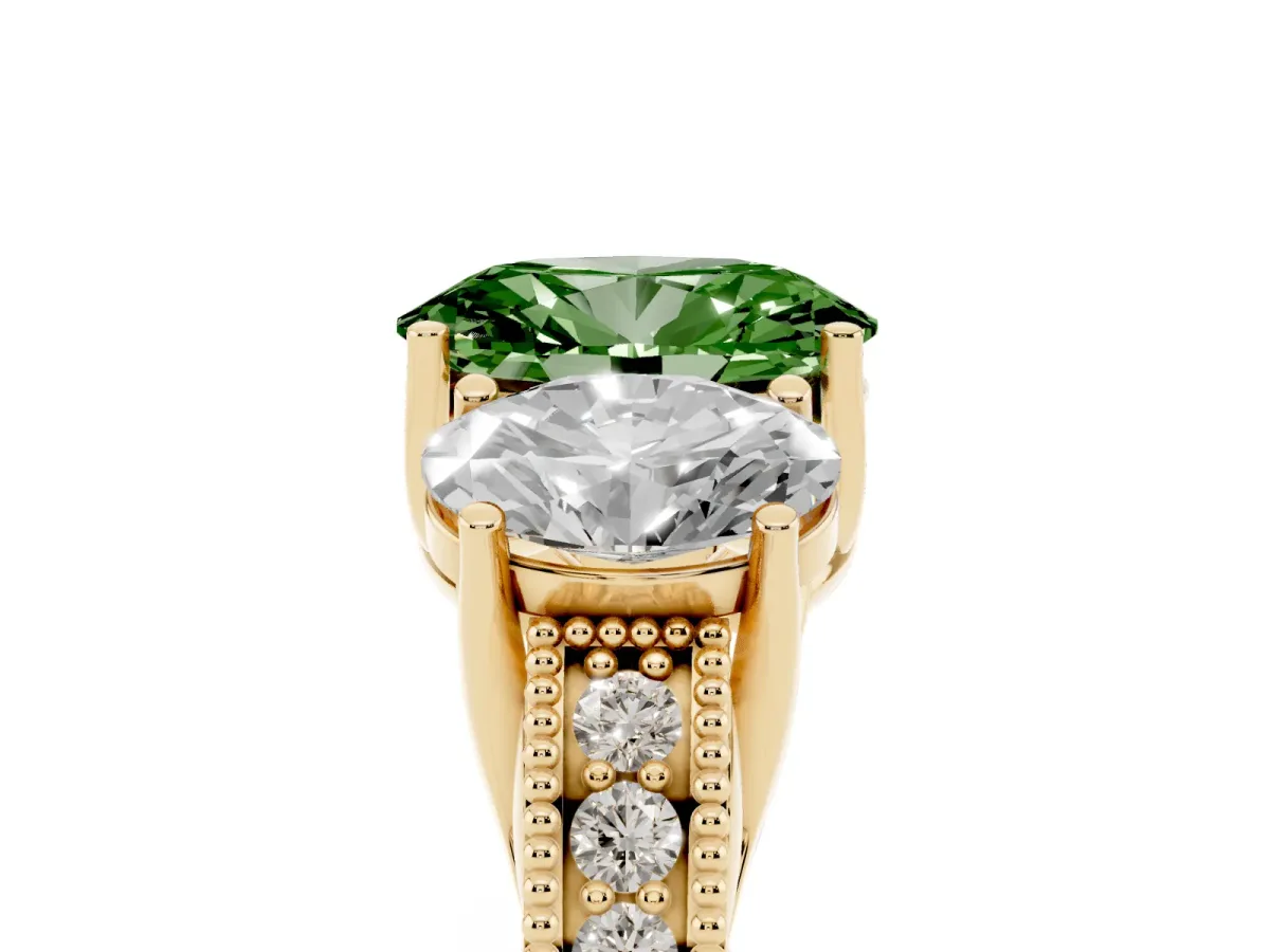 Fancy Green Three-Stone Oval Cut Cut Milgrain Pavé Engagement Ring Yellow gold