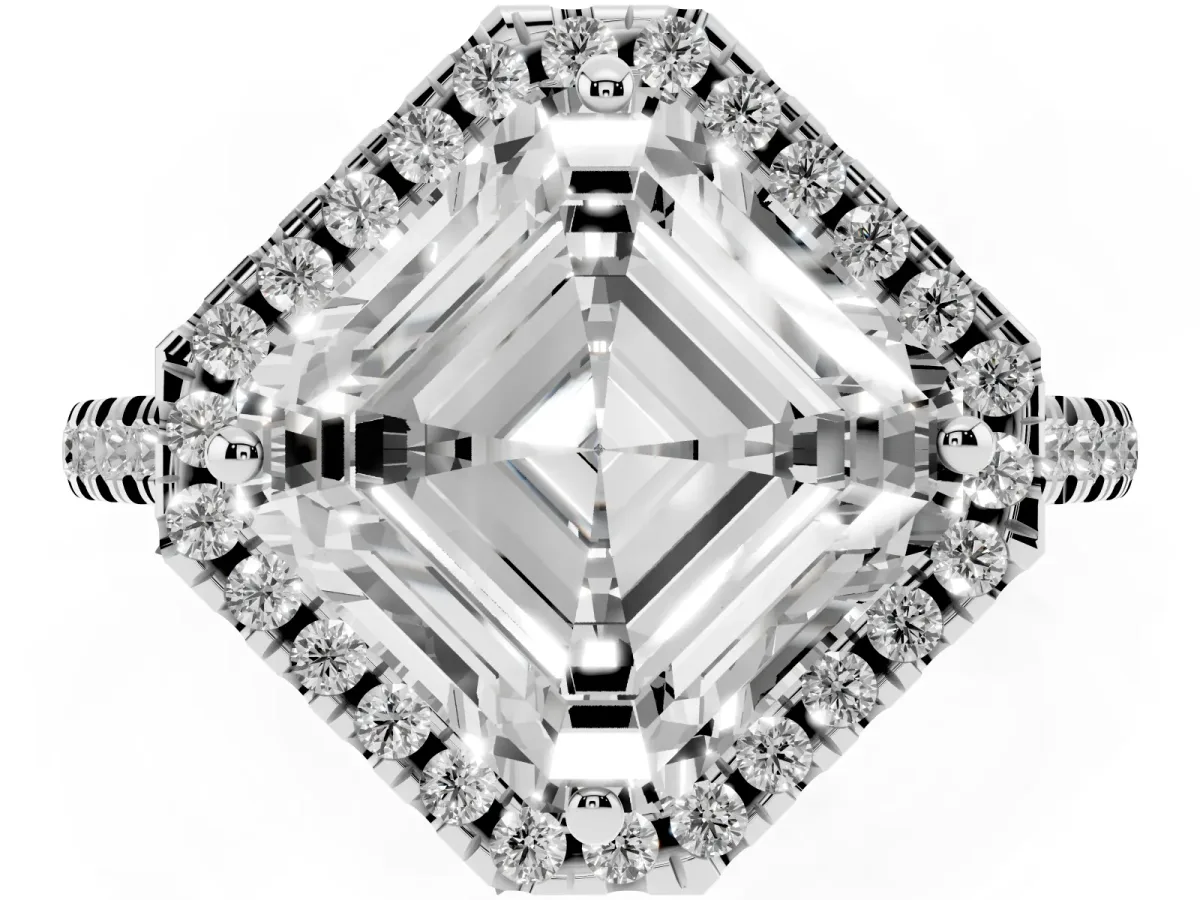 Asscher Cut Diamond Cushion Halo Ring with Pavé Band Silver