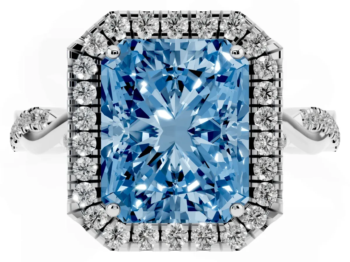 Fancy Blue Radiant Cut Halo Twist Band Solitaire Ring Silver