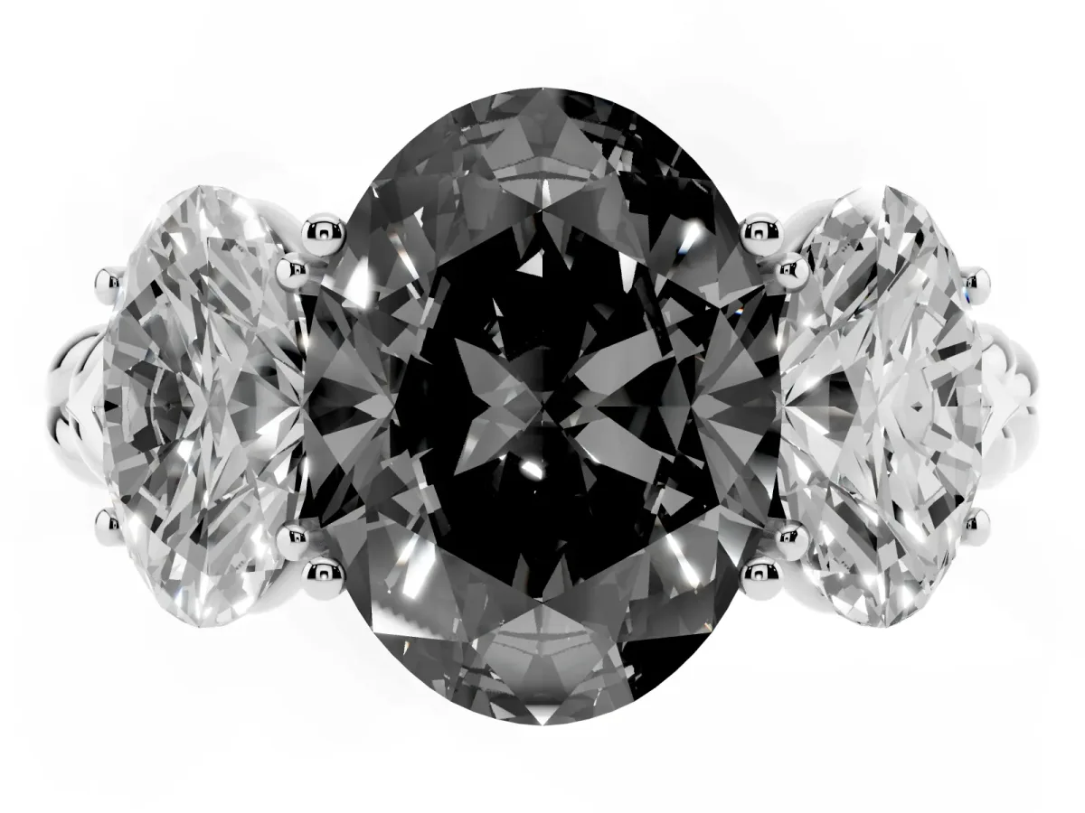 Fancy Black Three-Stone Oval Cut Diamond Braided Band Ring with Four-Prong Setting Silver