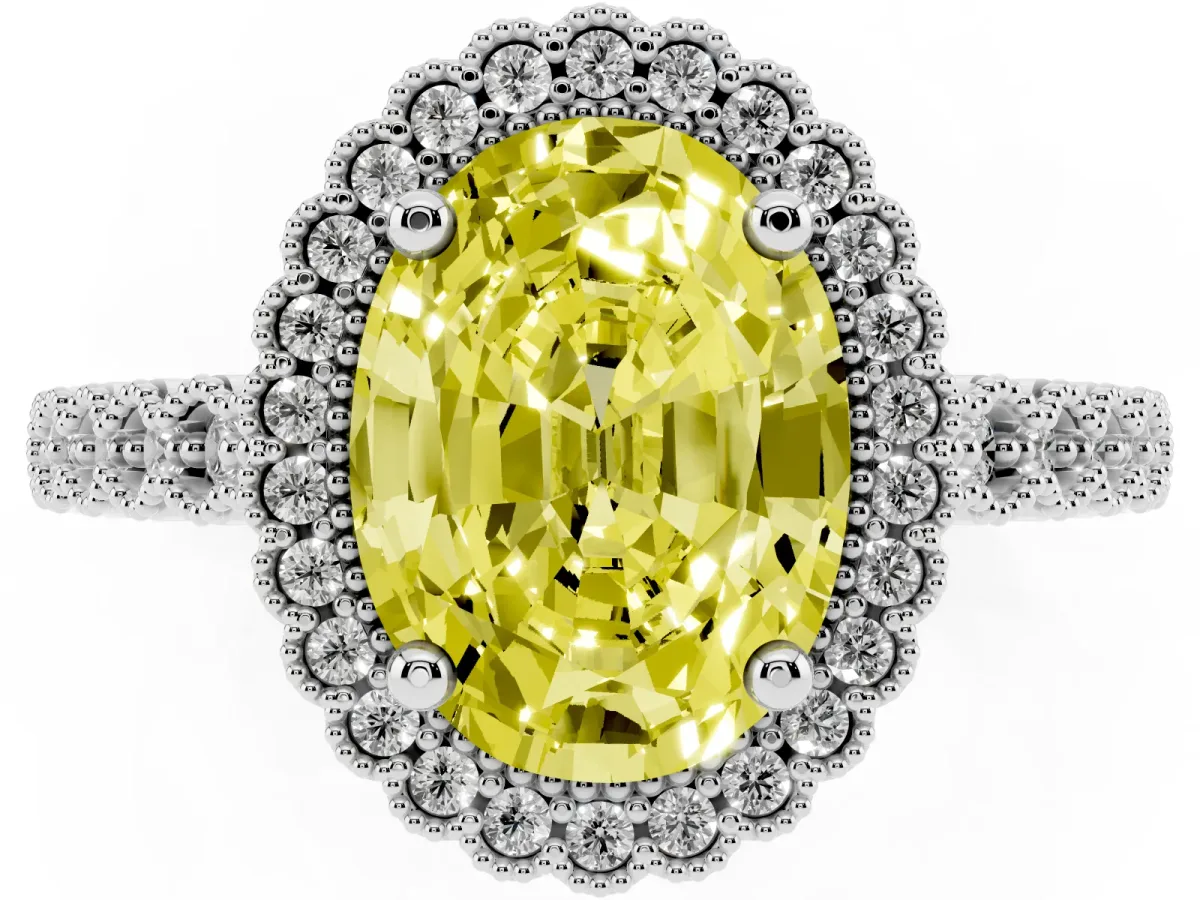 Fancy Yellow Oval Cut Cut Halo Pavé Solitaire Ring with Milgrain Band Silver
