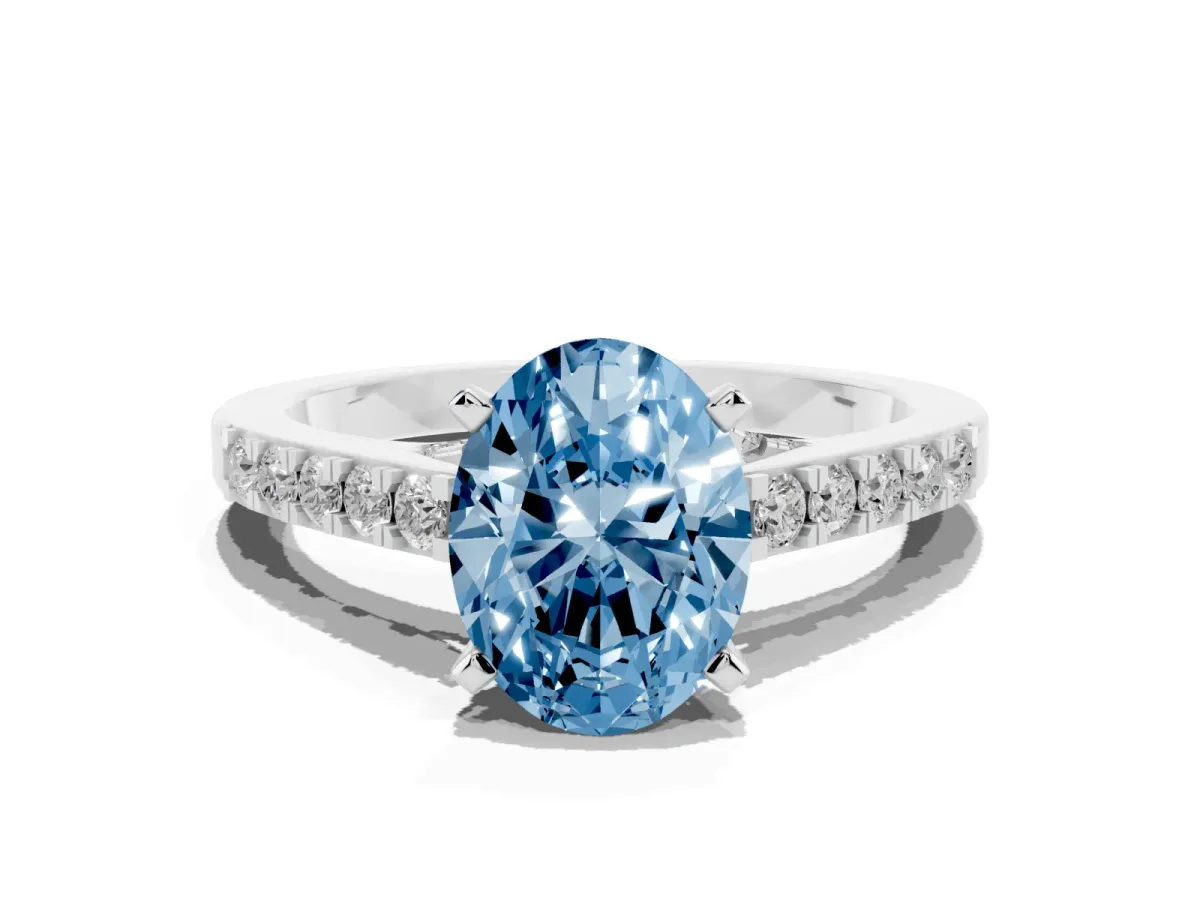 Fancy Blue Oval Cut Diamond Solitaire Ring with Crossover Gallery and Round Pavé Band Silver
