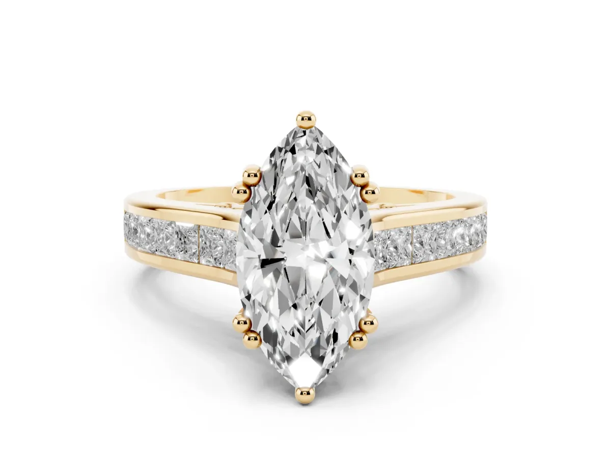 Marquise Cut Cut Channel Set Solitaire Engagement Ring with Prong Setting Yellow gold