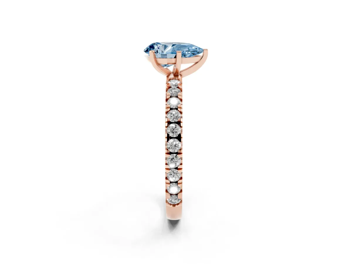 Fancy Blue Pear Cut Diamond Pavé Band Solitaire with Four-Prong Setting Rose gold