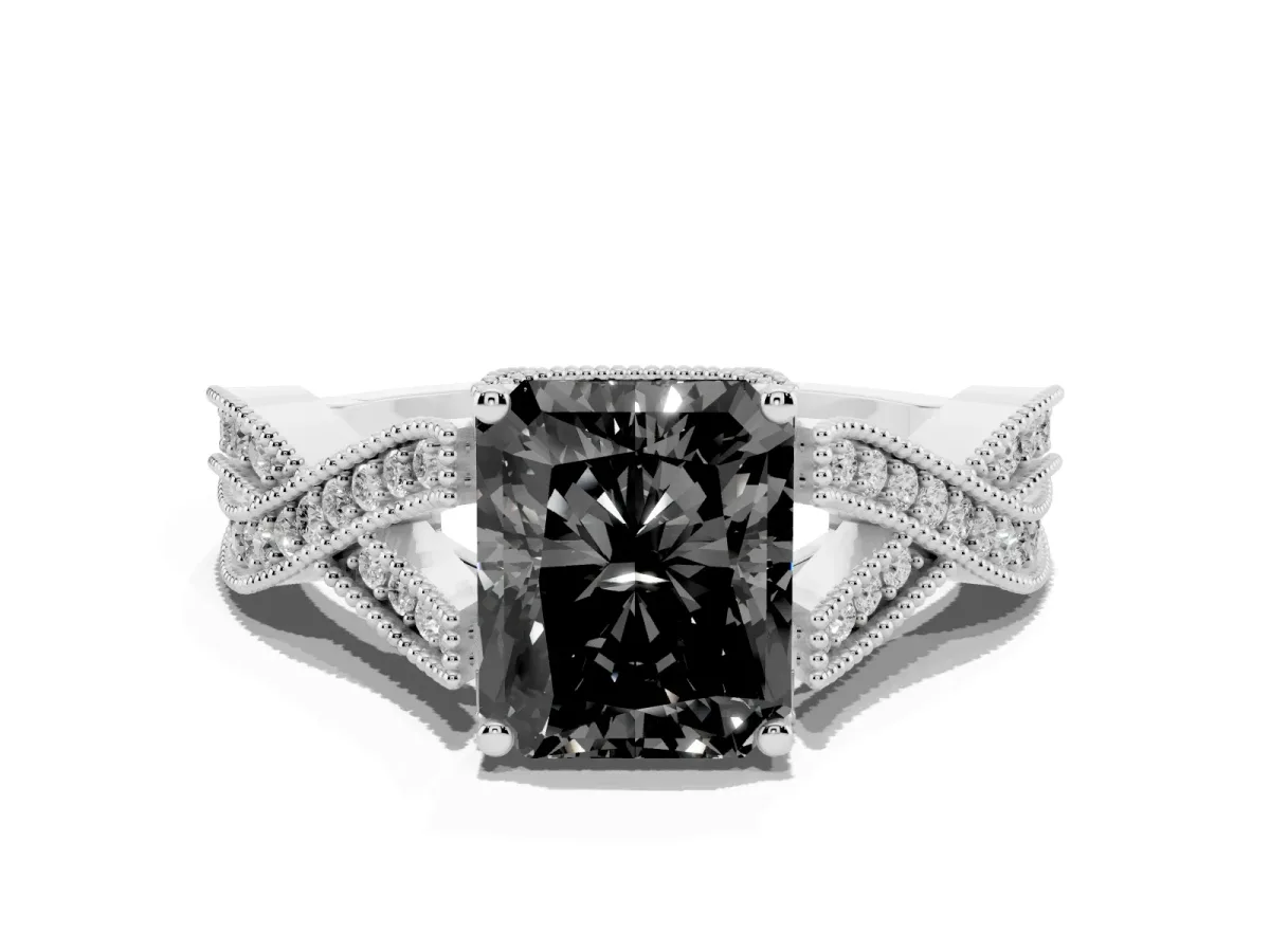 Fancy Black Radiant Cut Cut Diamond Twisted Band with Milgrain Pave Setting and Four-Prong Setting Silver