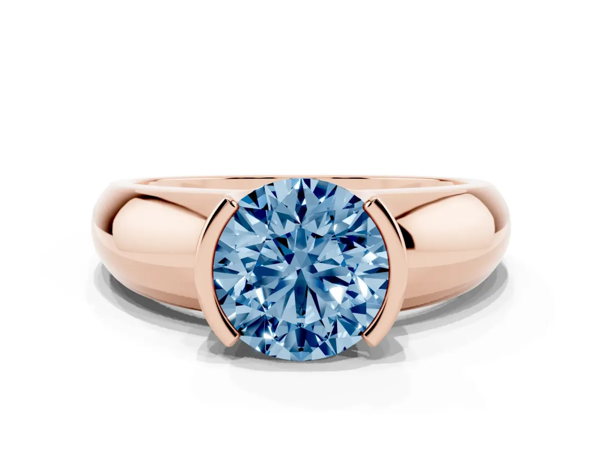 Fancy Blue Round Cut Solitaire Tension Set Diamond Ring with Wide Band Rose gold