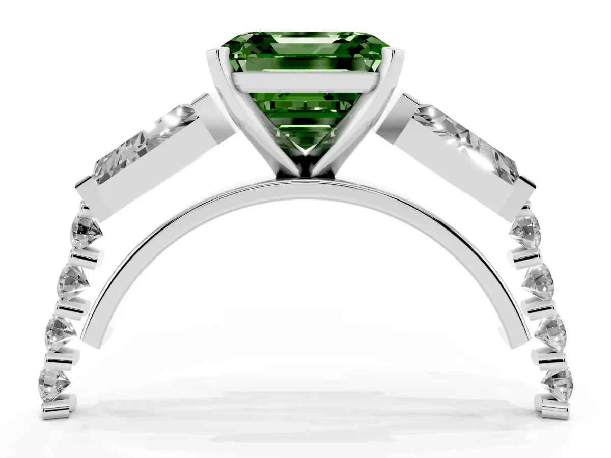 Fancy Green Asscher Cut Diamond Engagement Ring with Baguette Side Stones and Channel Set Band White gold