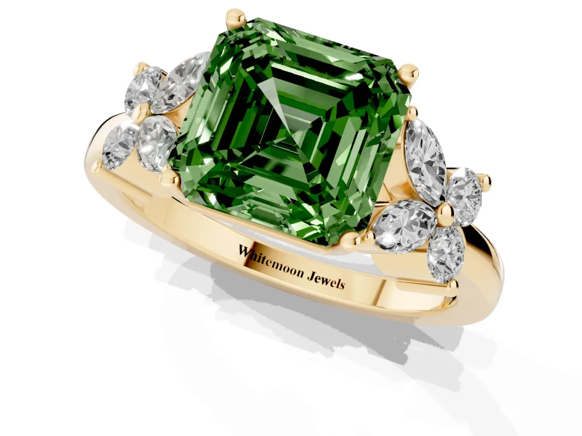 Fancy Green Asscher Cut Diamond Floral Cluster Ring with Solitaire Band and Prong Setting Yellow gold