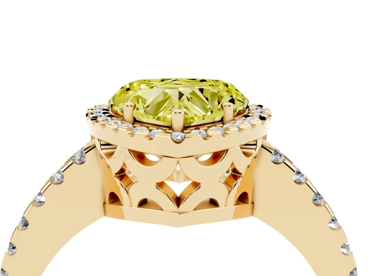 Fancy Yellow Heart Cut Diamond Halo Engagement Ring with Pavé Band and Prong Setting Yellow gold