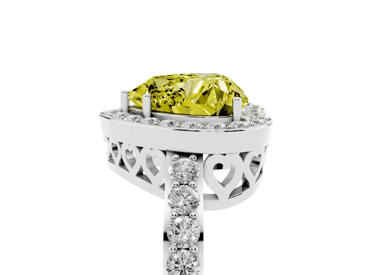 Fancy Yellow Heart Cut Halo Diamond Pavé Band Ring with Prong Setting Silver