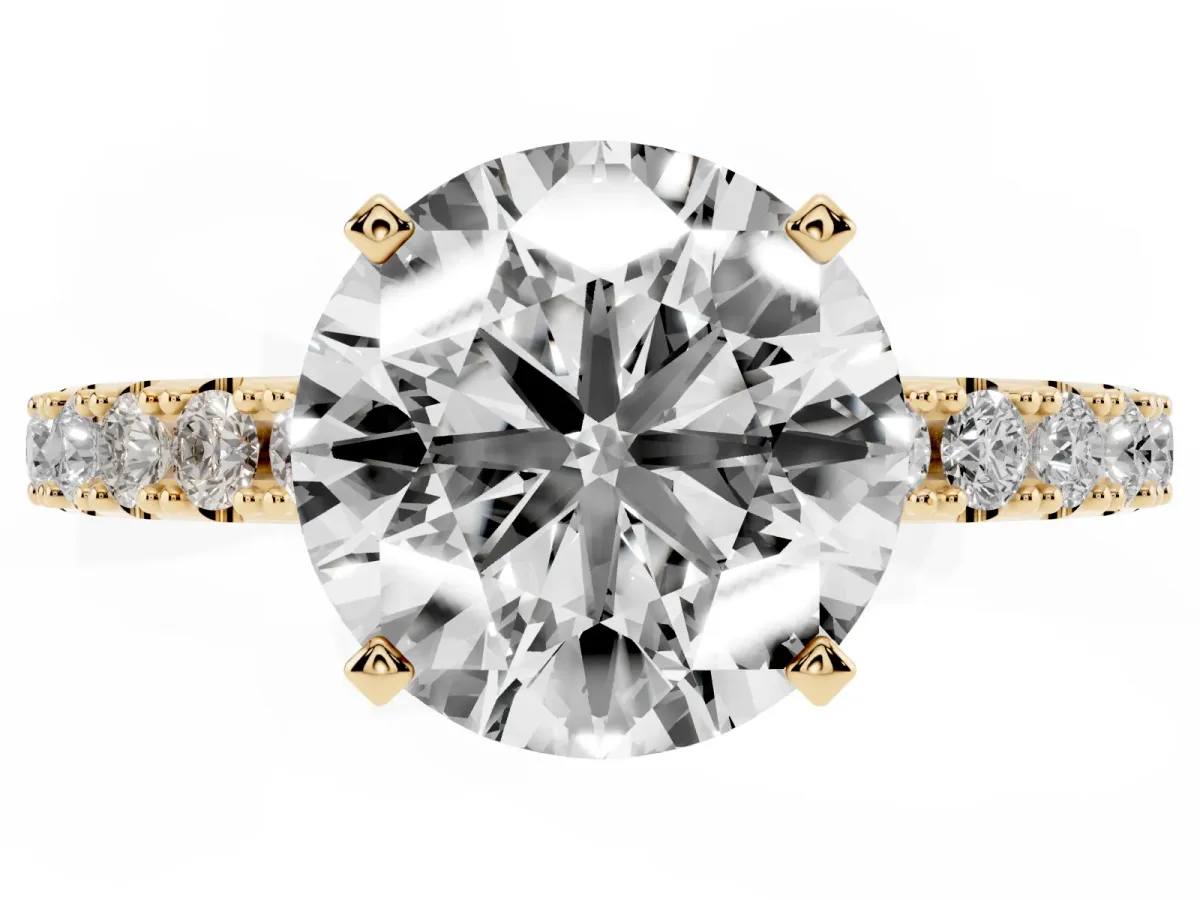 Round Cut Diamond Solitaire Pavé Band with Four-Prong Setting Yellow gold