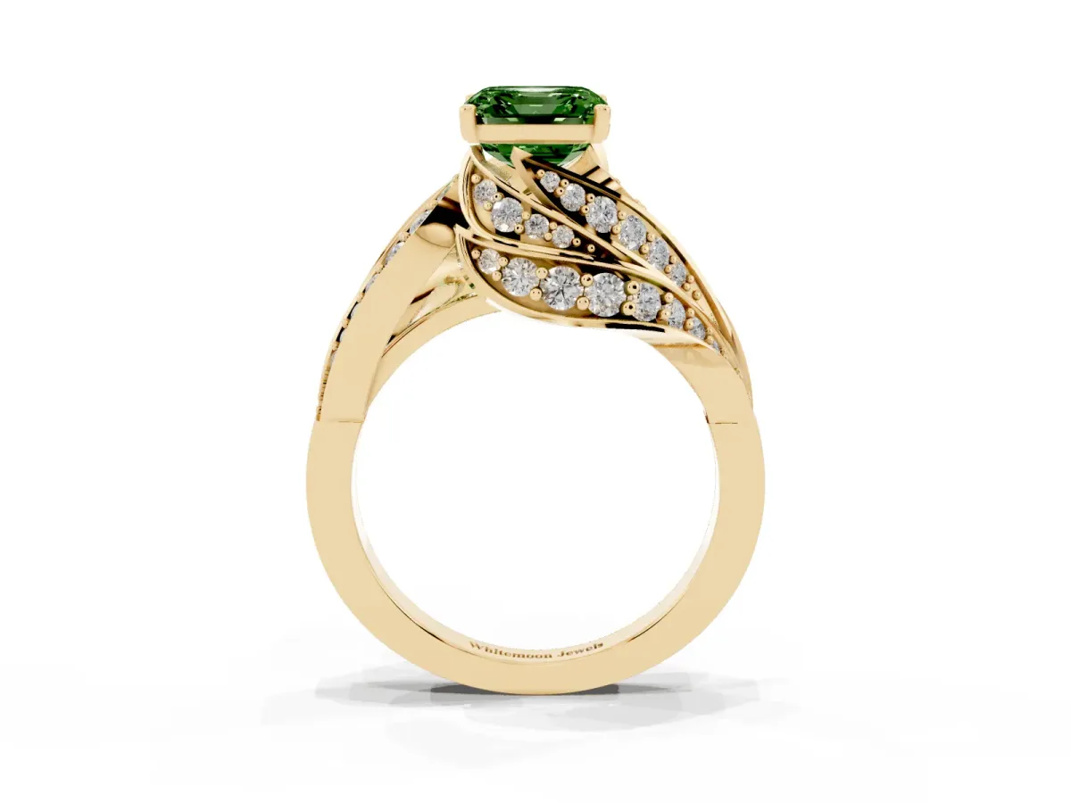 Fancy Green Asscher Cut Diamond Solitaire Ring with Prong Setting and Twisted Pavé Band Yellow gold